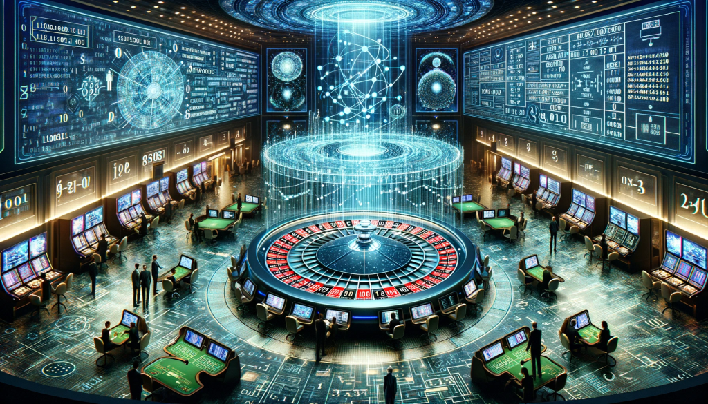 DALL·E 2024 01 18 17.32.13 An illustration showcasing algorithms codes and numbers in a casino setting. The scene is a modern and high tech casino filled with advanced gaming