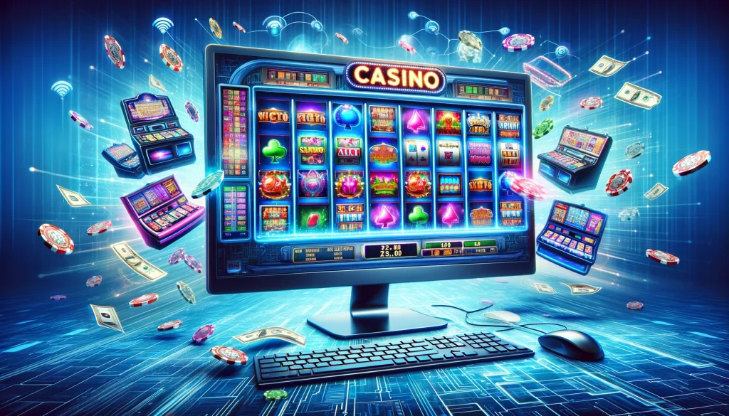 DALL·E 2024 02 12 16.26.47 Create an image depicting a casino that appears on a computer screen emphasizing the online aspects of slot machines. This image should vividly captu