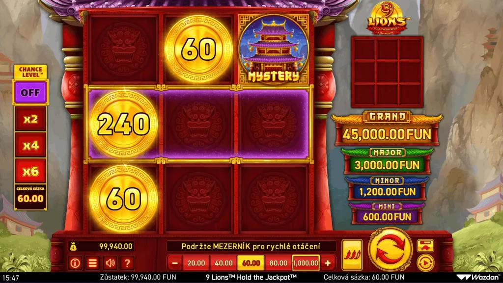 Wazdan – představení výrobce casino her 2 9 Lions Hold the Jackpot herní obrazovka s jackpotovými úrovněmi