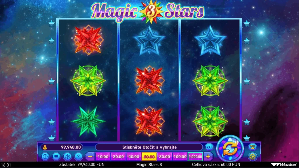 Wazdan – představení výrobce casino her 5 Magic Stars 3 slot Wazdan v GrandWin s hvězdným motivem a vesmírným pozadím